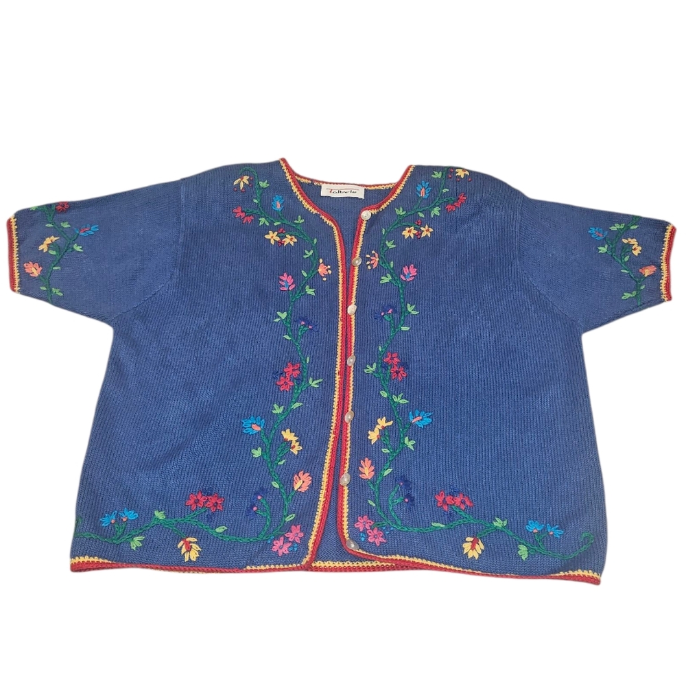 Talbots Vintage Blue Cardigan with Floral Embroidery Size PM Great Condition